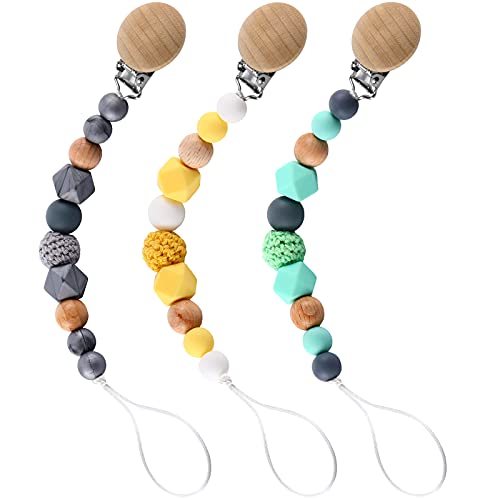 Nuanchu 3 Pieces Pacifier Clip Silicone Beads Pacifier Holder Beads Pacifier Holder Leash Pacifier Clip Chain Teething Beads Teether Toys for Baby Boys and Girls (Gray Yellow and Green)