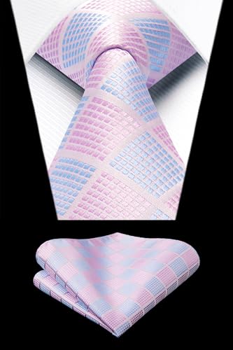 Image of HISDERN Ties for Men Formal Business Plaid Checked Mens Ties and Pocket Square Set Classic Wedding Necktie Handkerchief