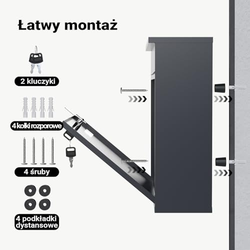 Wiltec Skrzynka na listy antracytowa V12 stalowa z zamkiem i wizjerem, nowoczesna skrzynka pocztowa do montażu na ścianę, malowana proszkowo