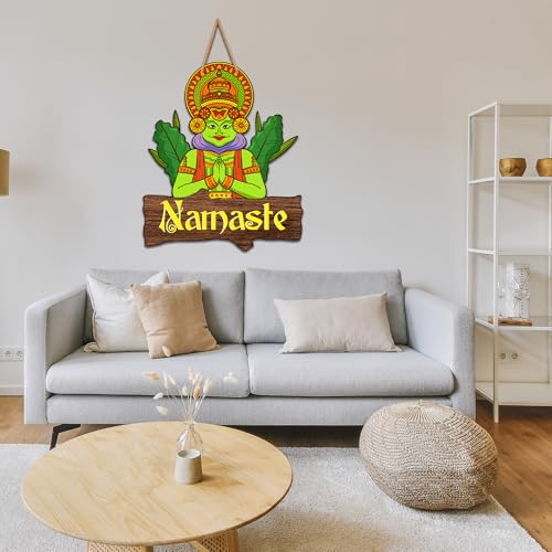 Image of Decor Smart Wooden Wall Hanging | Decorative Wall Art | Traditional Namaste Plaque with Kathakali Design | Indian Style Home Decor Accent | Decoration for Bedroom | Entryway & Living Room (DWA 8703)