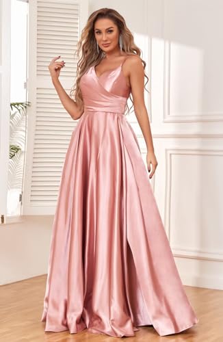 LIKESEEDD Vestidos de dama de honra de cetim com fenda decote em V alças finas franzido longo vestid