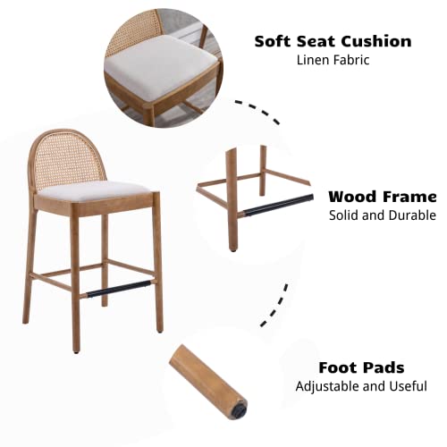 HEAH-YO Modern Bar Stools Set of 2, 30 Inches Counter Height Bar Stools with Rattan Backrests and Wood Legs, Comfy Linen Fabric Kitchen Stools for Island, Beige
