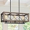 LALUZ Modern Farmhouse Chandelier 3 Light Dining Room Lighting Fixtures Hanging 24 Rectangular Chandelier Light Fixture Rustic Wood and Black Metal Finish