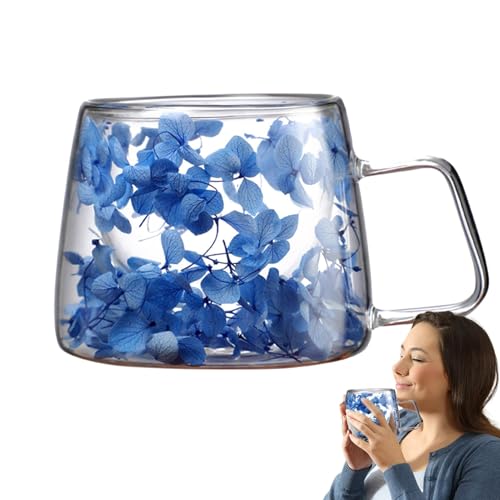 Taza de café con flores secas de doble pared, tazas de vidrio transparente con flores, taza de vidrio resistente al calor de 200 ml con asa, taza de flores creativas para café con leche, jugo de leche