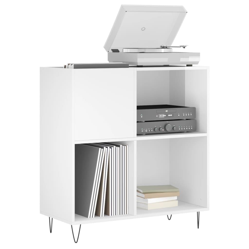 Hochglanz-Weißer Plattenschrank 84,5x38x89 cm mit stabilem Holzwerkstoff und Eisenbeinen für Vinyl, LP, Schallplatten, mit viel Stauraum, robustem Oberboden, ideal für Wohnzimmer
