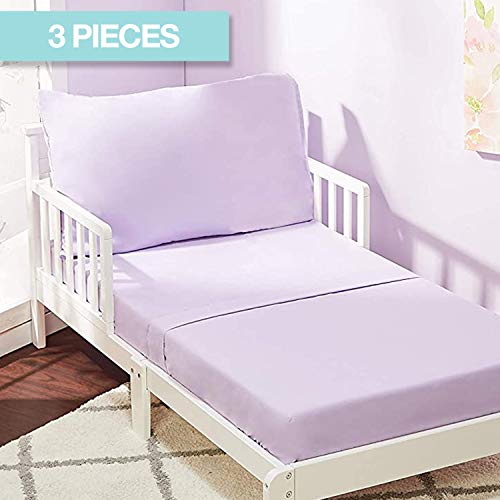 Everyday Kids 3 Piece Toddler Sheet Set - Soft Breathable Microfiber Toddler Bedding - Includes A Flat Sheet, A Fitted Sheet And A Pillowcase - Solid Purple #TOP4