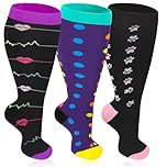 Zuimei 3 Pair Plus Size Compression Socks for Women Men,15-20 mmHg Wide Calf Extra Large Knee High Diabetic Socks, Flight Sock Pressure Sock for Running Nursing Travel Sport Black, Blue, Purple