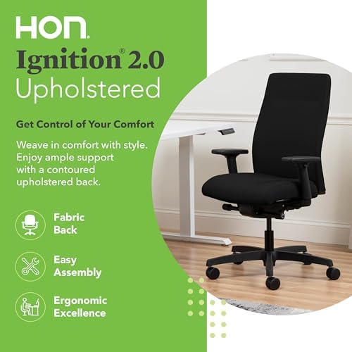 HON Ignition 2.0 Fabric Office Chair, Upholstered, Adjustable Arms, Advanced Synchro-Tilt Recline Executive Ergonomic Office Chair, Black Frame, Black - Thumbnail 3