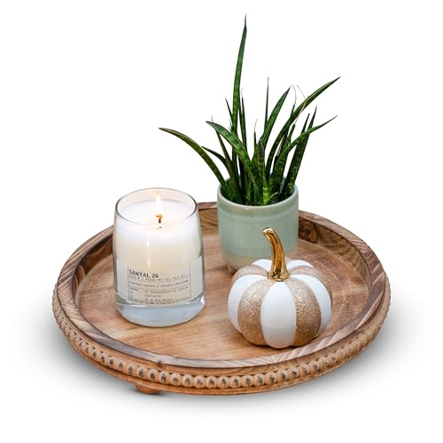 CozyHavenShop Round Wood Tray for Centerpiece Table Decorations, Rustic Beaded Wooden Trays Decor...