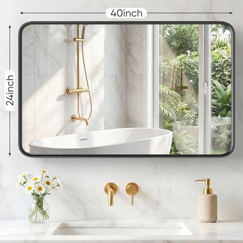 Image of Sweetcrispy Bathroom Mirror 40x24 Inch Metal Framed Rounded Rectangle Vanity Mirror for Wall, Over Sink, Farmhouse, Restroom, Anti-Rust, Modern Decorative, Horizontal or Vertical Hanging, Black