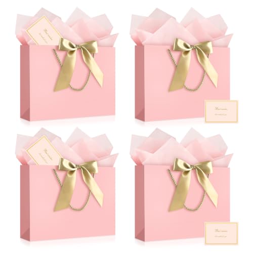 Image of JMANNI Gift Bags with Handles, 13 inch Medium Gift Bag for Presents, 4 Pcs Bags with 8 Tissue Paper and 4 Cards for Graduation Baby Shower Wedding Fathers Day Mother's Day Birthday Party(pink)