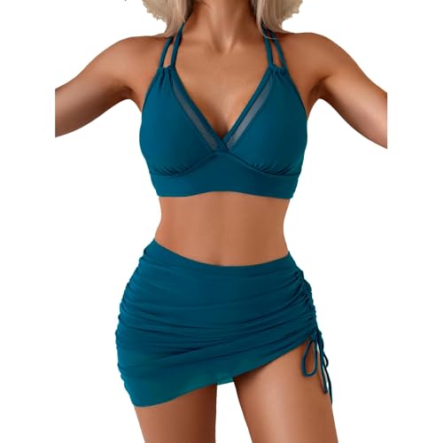 SYKT Bikini de Dos Piezas con Falda para Mujer – Alto, con Control de Vientre y Detalles en Malla, Conjunto de baño Femenino Estilo túnica