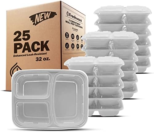 Freshware Meal Prep Containers [25 Pack] 3 Compartment with Lids, Food Storage Containers, Bento Box, Stackable, Microwave/Dishwasher Safe (32 oz)