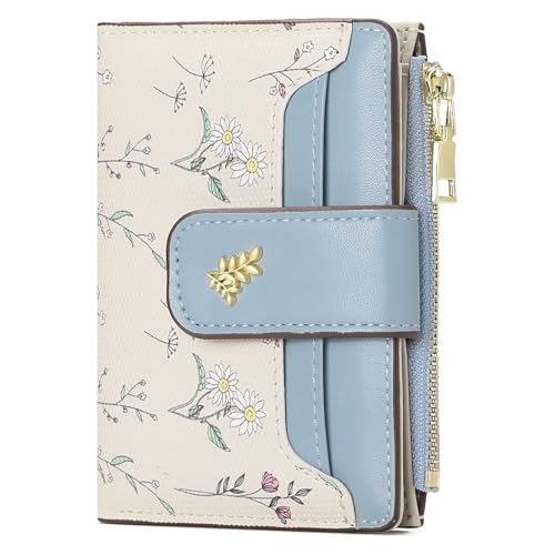 Image of Small Wallets for Women Leather Bifold Zipper Pocket Wallet Cute Flower Credit Card Holder Coin Purse with ID Window