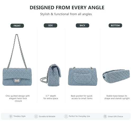 Image of M-ioi-M Quilted Denim Crossbody Bags for Women, Chain Strap Shoulder Bags, Medium Double Flap Purse, Gold Hardware Jean Purse