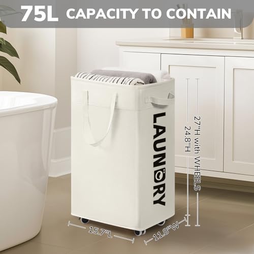 Image of Goodpick Laundry Hamper with Wheels, 75L College Dorm Room Essentials, Clothes Hamper with Removable Wash Bag for Bedroom, Large Laundry Basket with Handle, White