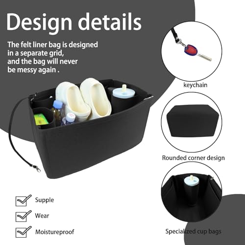 Lckaey Rubber Beach Bag Organizer Compatible with Bo Bag Tote,Divider Pouch for Bo Bags Accessories Felt Insert3018black-L