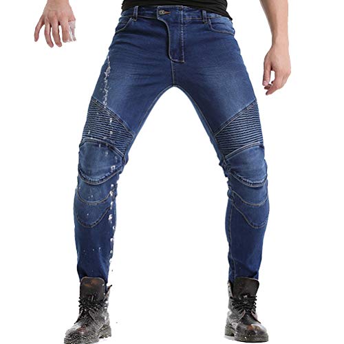 2019 Waterproof Men Motorcycle Riding Pants Motocross Racing Jeans With 4 X Knee Hip Pads (L, Blue)