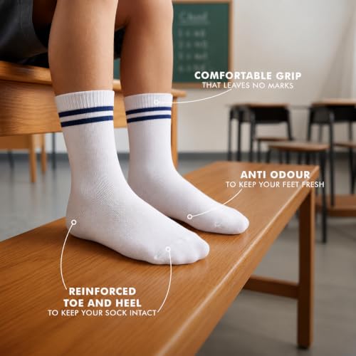 Image of Supersox Regular School Uniform Socks for Kids | White with Navy Stripe | Combed Cotton, Breathable, Moisture Absorbent & Anti Odour | Extra Durable Welt for All-Day Comfort | Pack of 5