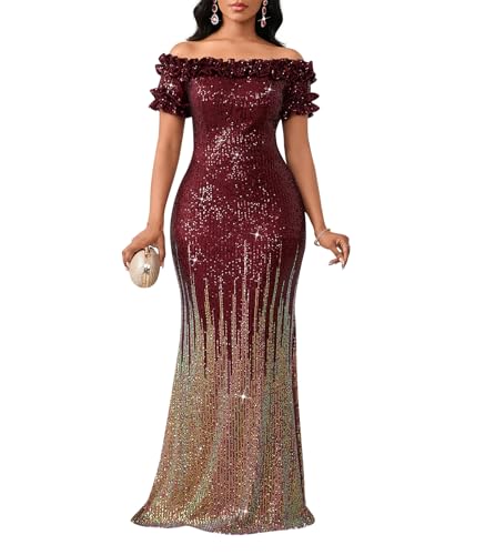 Image of dasmzper Women Sexy Sequin Off Shoulder Ruffle Short Sleeve Bodycon Mermaid Party Formal Evening Maxi Dress