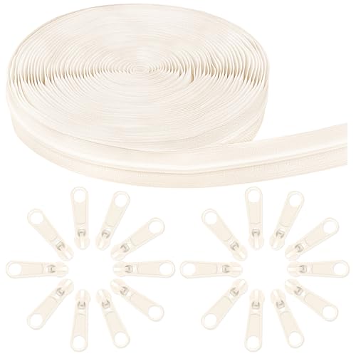 Draupnir Cremalleras por Metros para Coser, 10 Metros de Nylon y 20 Metálicas Beige para Bolsas de Ropa, Estuches de Lápices, Ropa de Cama