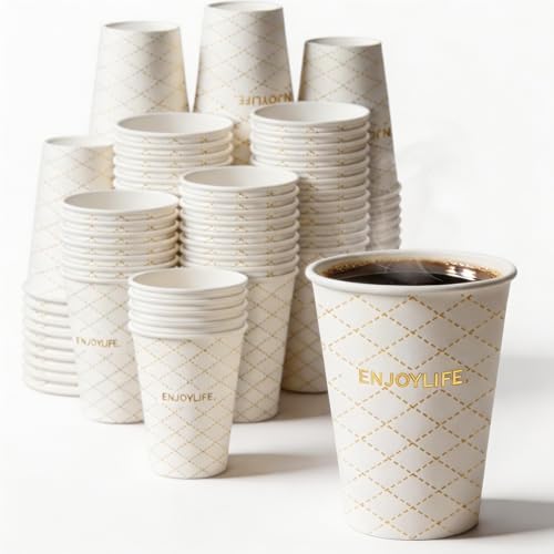 MOUMOULIFE Disposable Paper Coffee Cups 12 oz 100 Count, Leak-Proof Gold Gilded Elegant Paper Cups for Hot/Cold Drinks, Perfect for Wedding Favor, Party, Office, Home
