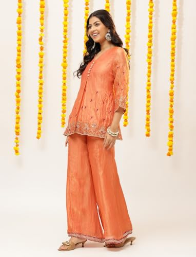 Image of Vbuyz Women Floral Embroidery Stylish A-Line Fandy Silk Kurta With Palazzo
