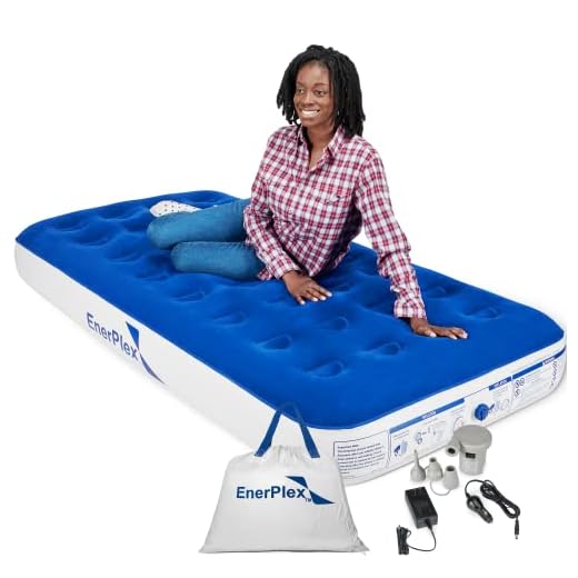EnerPlex Never-Leak Camping Series Twin Camping Airbed with High Speed Pump Luxury Twin Size Air Mattress Single High Inflatable Blow Up Bed for Home Camping Travel 2-Year Warranty – Blue/White
