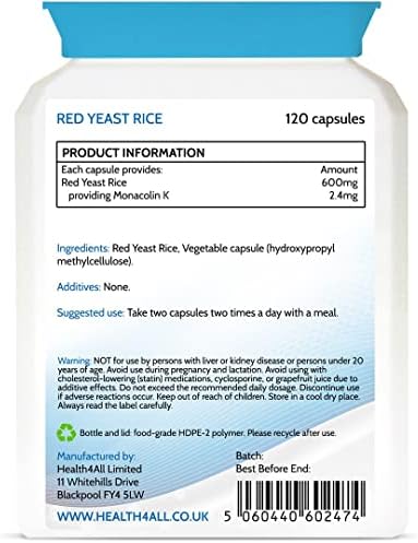 Red Yeast Rice 600mg 120 Capsules (V) . Purest- no additives. Vegan. Highest Safe Dosage 2400mg a Day. Made by Health4All
