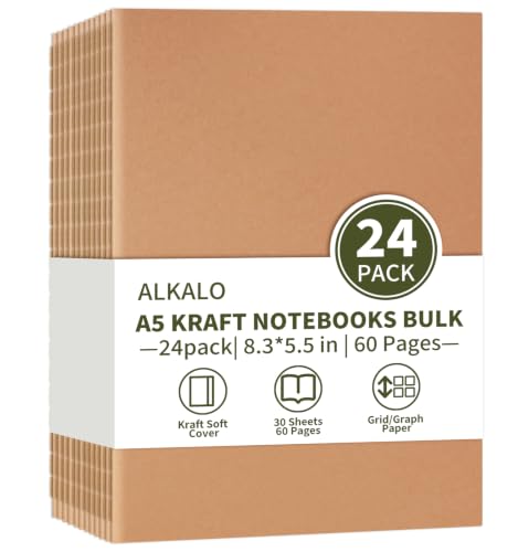 24 Pack A5 Grid Kraft Notebooks Bulk, 8.3x5.5 Inches, Journaling Notebooks