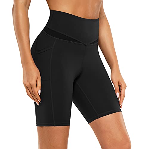 TrainingGirl High Waist Biker Shorts for Women Mesh Yoga Workout Running Shorts Athletic Exercise Gym Leggings with Pockets (Black, Large)