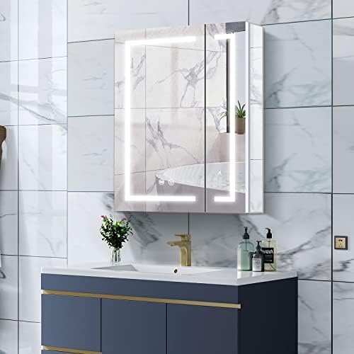 Janboe Aluminum Medicine Cabinet 24inch×28 Inch,Mirror Cabinet for Bathroom,Equip with Internal Light,USB Plug,3 Color Temperature,Dimmer,Demister,for Surface Mounted and Recess Mounted