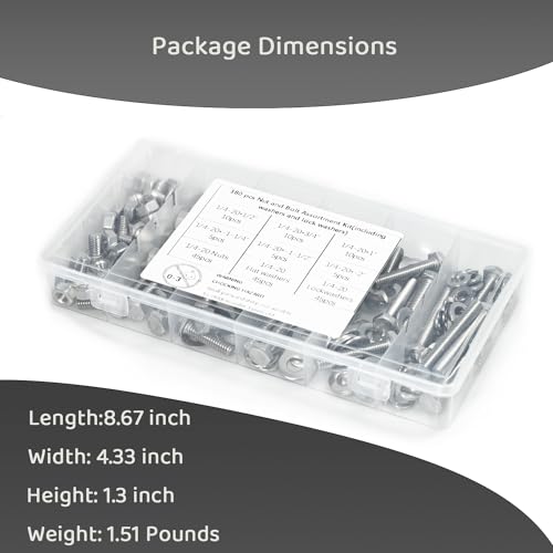 Image of 180 pcs SAE Stainless Steel Nuts and Bolts Assortment Kit, Including 6 Sizes 1 /4-20 Hex Bolts,Flat Washers, Lock Washers. Packaged by Plastic Box, Made by 304 Stainless Steel