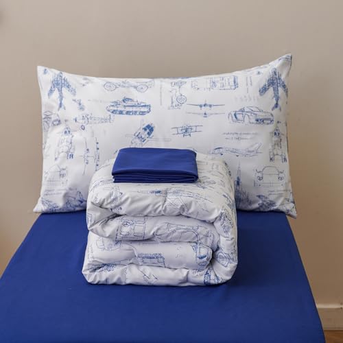 Image of Luxlovery Toddler Comforter Set Cartoon Aircraft Vehicles Printed Kids Children's Blanket White Blue Bed Set for Dorm 4 Pieces (1 Comforter, 1 Flat Sheet, 1 Fitted Sheet, 1 Pillowcase)