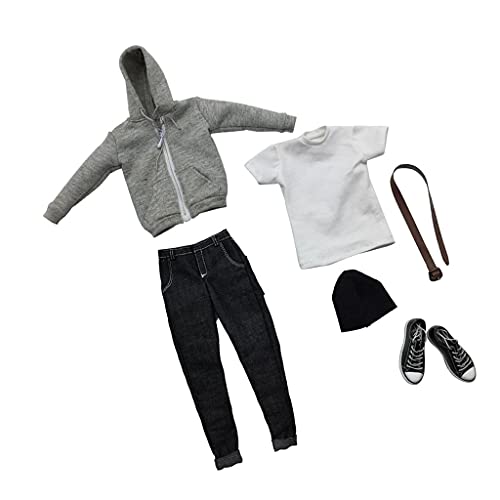 Harilla 1/6 Scale 12 Inch Male Doll Clothes - Hooded Sweatsuit, Jeans Denim Pants, Canvas Flat Sneakers, Skull Beanie, T-Shirt, Belt Set