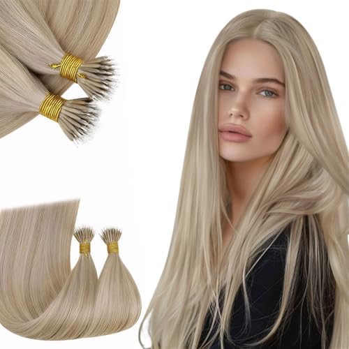 RUNATURE Nano Hair Extensions Real Human Hair Blonde Nano Beads Hair Extensions Human Hair 20 Inch Highlight Light Brown with Ashy Blonde Invisible Nano Rings Straight Hair 50g 50s #16P22