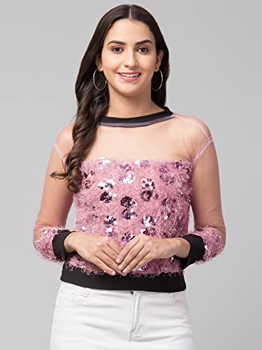 Image of NEOAMBER Women Stylish Sleeveless Sequin Net Western Cami Party Crop Top