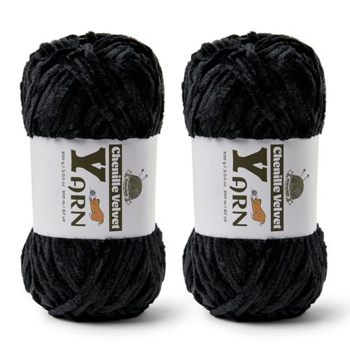 Image of 2 Pack Plush Chenille Chunky Yarn - Fluffy Velvet Yarns Crochet for Blanket Knitting and Crocheting - Soft Baby Yarn for Crocheting - Amigurumi Crochet Yarns 100g (87yds) (2 Black)