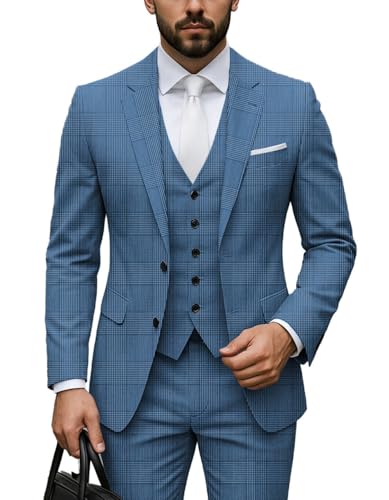 MoranX Classic Men's Suits Regular Fit 3 Piece Wool Plaid Tuxedos Business Blazer+Vest+Pants Formal Wedding Party
