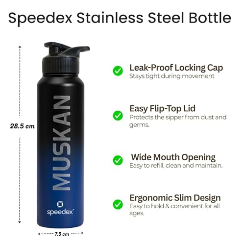 Image of Speedex Customised Stainless Steel Water Bottle 1 Ltr with Name - Personalised Engraved Sipper Cap Bottle for Kids, Men & Women, School, Gym, Office Black Blue, Set of 1