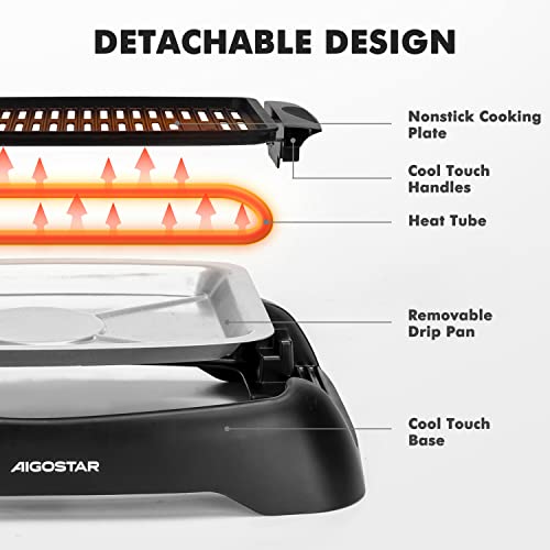 Aigostar Smokeless Indoor Grill, 1200W Electric Grill Non-Stick Cooking Removable Plate & Oil Drip Pan For Healthier Grilling, 5 Adjustable Temperature, Dishwasher-Safe, Grill For Home Roast Party #TOP6