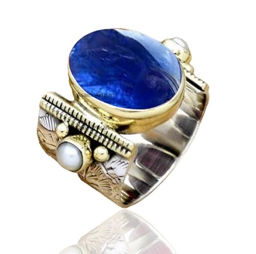 10x14 MM Oval Gemstone Solid 925 Sterling Silver Two Color 15MM Wide Band Ring with Tiny Freshwater Pearl Accents for Women Gift