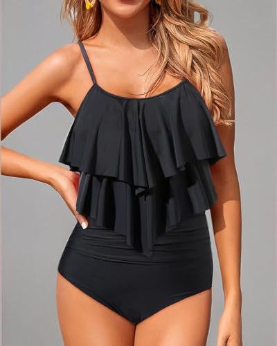 Holipick Black High Waisted Tankini Swimsuits for Women Ruffle Tops with Tummy Control Bottom Two Piece Bathing Suit L - Image 6
