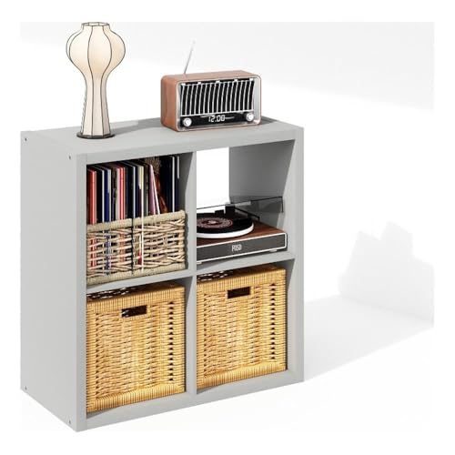 Image of Furinno Cubicle Record Player Stand, 4-Cube Record Storage, Light Grey | Vinyl Storage, 1.2 inchInch Extra Thick, Open Back Media Shelf for CD DVD Bluray Game Disc, for Living Room, Home Office