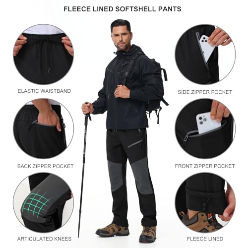 MOCOLY Wanderhose Herren Winter Thermo Jagdhose Skihose Schneehose Thermohose Winterhose Warme Fleece Gefüttert Softshell Cargo Outdoor Hose für Safari Trekking Ski Snowboard Arbeit Schwarz M