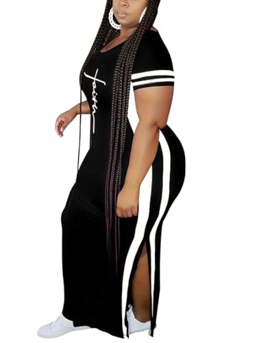 PINSV Women's Plus Size Maxi Dress Summer Casual Short Sleeve Split Long Dresses2