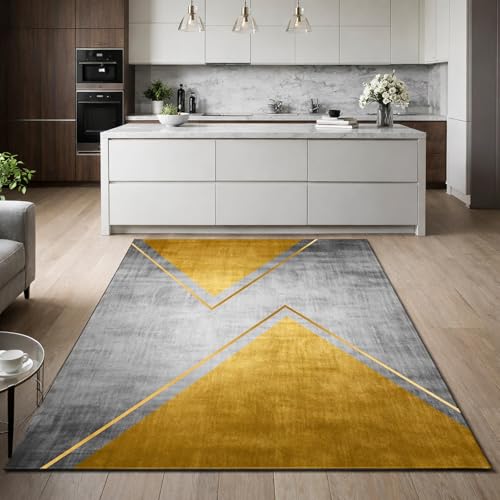 Tapis grand salon moderne 200x250 lavable gris et noir géométrique