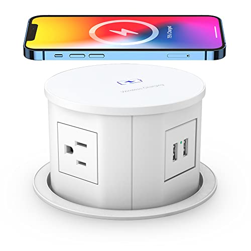 Automatic Pop up Power Outlet with 10W Wireless Charger,Pop up Electrical Outlets for Countertops,4.7'' Diameter Round Pop Up Counter Outlet with 4 Outlets,2 USB,Hidden Outlet,Pop Out Outlet