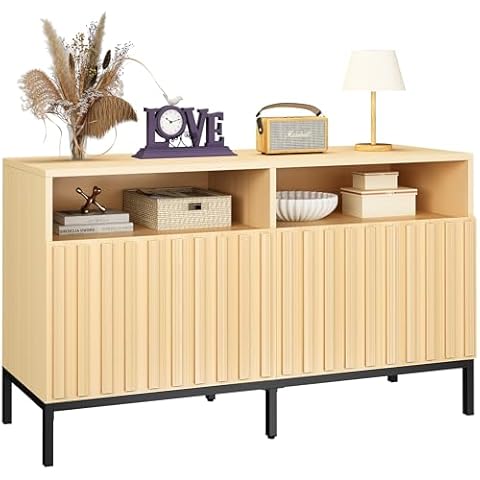 VVFLU 55" Sideboard Buffet Storage Cabinet - Fluted Buffet Cabinet with 4 Doors and 2 Open Compartments, Modern Sideboard for Kitchen, Living, Dinning Room, Natural Cover