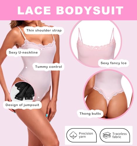 Image of Women's Lace Bodysuit Square Neck Body Suits Sexy Backless Thong Cami Shaperwear Spaghetti Strap Sleeveless Top